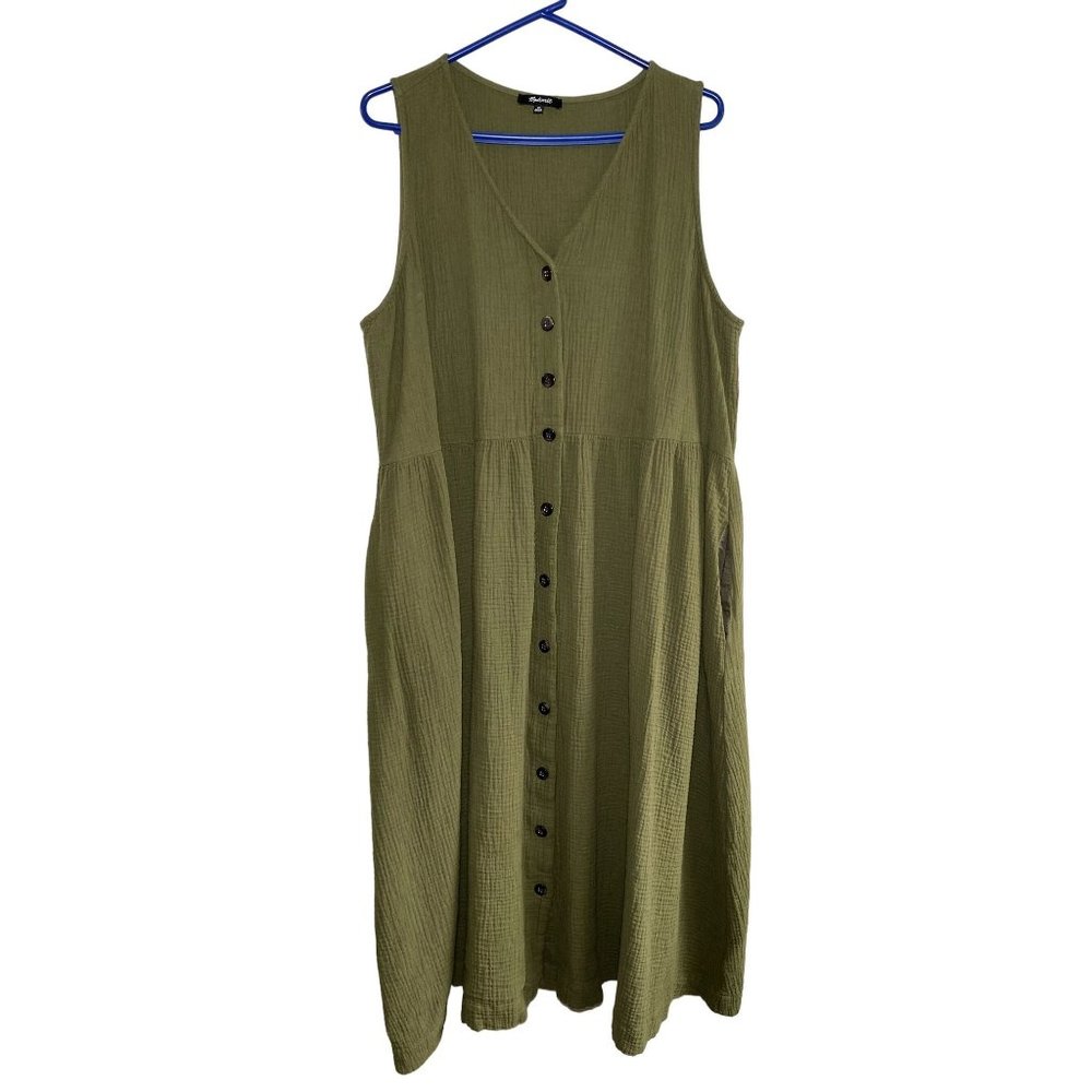 Madewell Lightspun Button-Front Tank Midi Dress Size 2X Green Gauzy Cotton